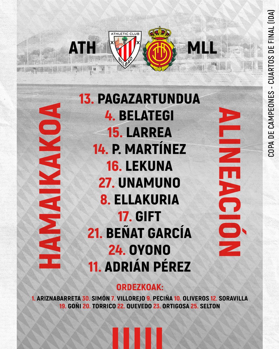 📋 𝗔𝗟𝗜𝗡𝗘𝗔𝗖𝗜𝗢́𝗡 🆚 @RCDMallorcaBase ¡Ida de los cuartos de final de la #CopaDeCampeonesDHJ en Lezama! 📺 El partido, en directo por Youtube Athletic (12:00 h) #AthleticRCDMallorca #AthleticLezama 🦁