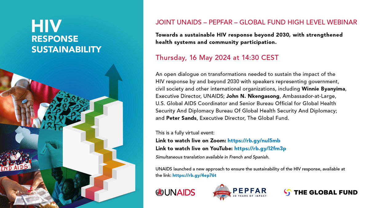 As countries work to #endAIDS, planning for long-term sustainability of the HIV response is urgently needed.
Join the @UNAIDS @PEPFAR @GlobalFund High Level webinar & learn about the transformative actions needed to achieve this.
🗓️16 May | 14:30 CEST
🔗youtube.com/live/wuXqIVZXt…