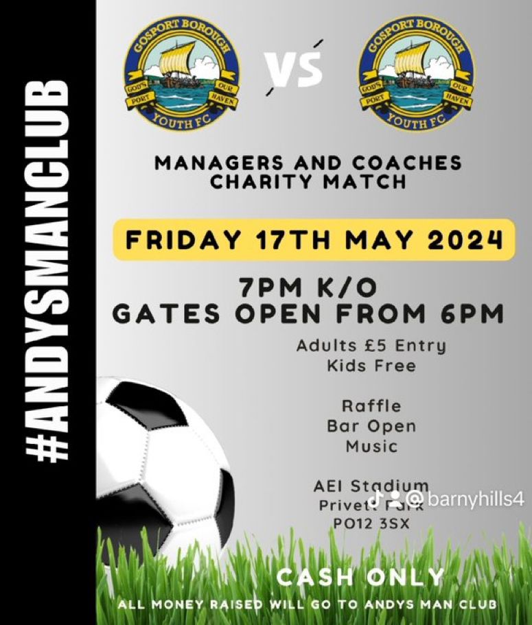 Get down to Privett Park this coming Friday to support @GosportBFC in their Managers vs Coaches Charity Match! Raising money for @andysmanclubuk, this should be an awesome evening, with music and bar, and all for a good cause!