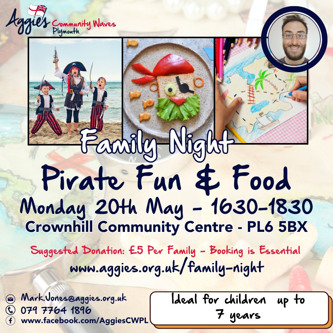 Plymouth Families - Grab your mini pirates 🏴‍☠️ and join Mark for this month's Family night!! There will be some themed activities and dinner for the children. 🌴 To book your place and let us know any dietary requirements follow the link. aggies.org.uk/family-night