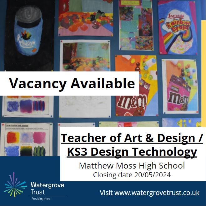 New Vacancy Alert! 🚨 Matthew Moss High School seeks to appoint a suitably qualified, dynamic and inspirational Teacher of Art & Design Technology to join our team Apply here: bit.ly/3UD5zFS #providingmore #watergrovetrust #getrochdaleworking #vacancies #CHANGE