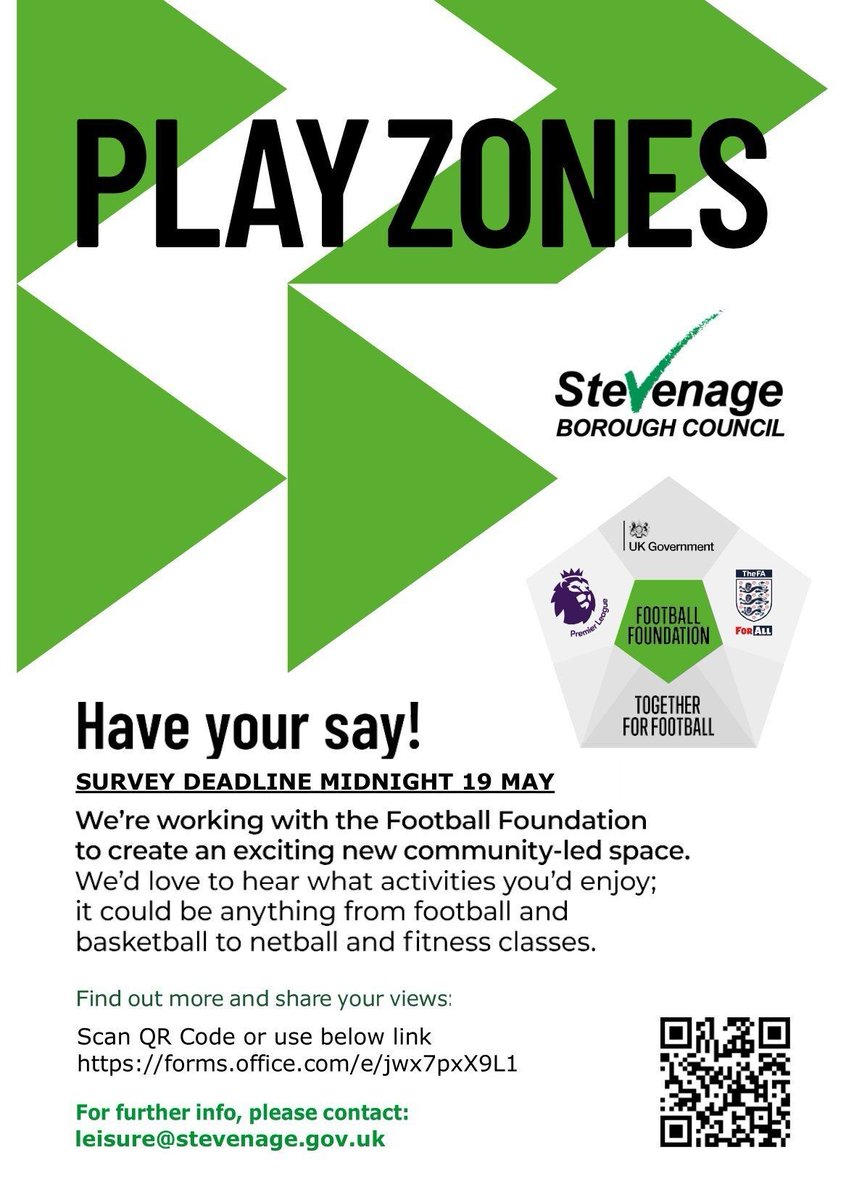 We're working with the Football Foundation & @StevenageBC create exciting new community-led spaces, & we want to hear from you! PlayZones are safe, inclusive & accessible outdoor facilities that bring communities together! Tell us what you think: forms.office.com/e/jwx7pxX9L1