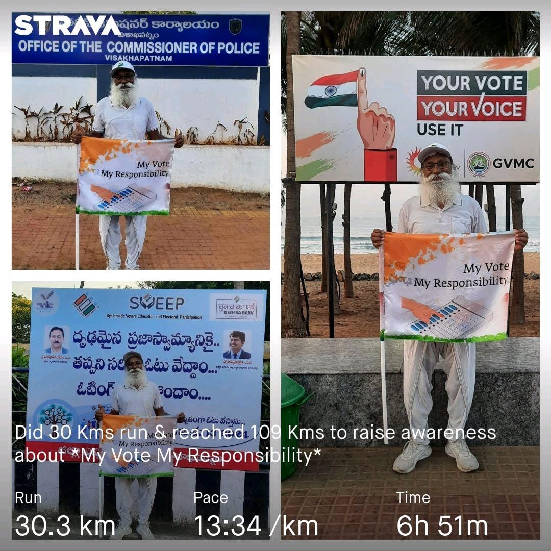 Did 30 Kms run & reached 109 Kms to raise awareness about *My Vote My Responsibility*
Wish each and every citizen votes for a  better administration and bright future for all @anandmahindra
@APPOLICE100 #InkedforIndia @GVMC_VISAKHA @vizagcollector @PMOIndia #VisakhapatnamWillVote