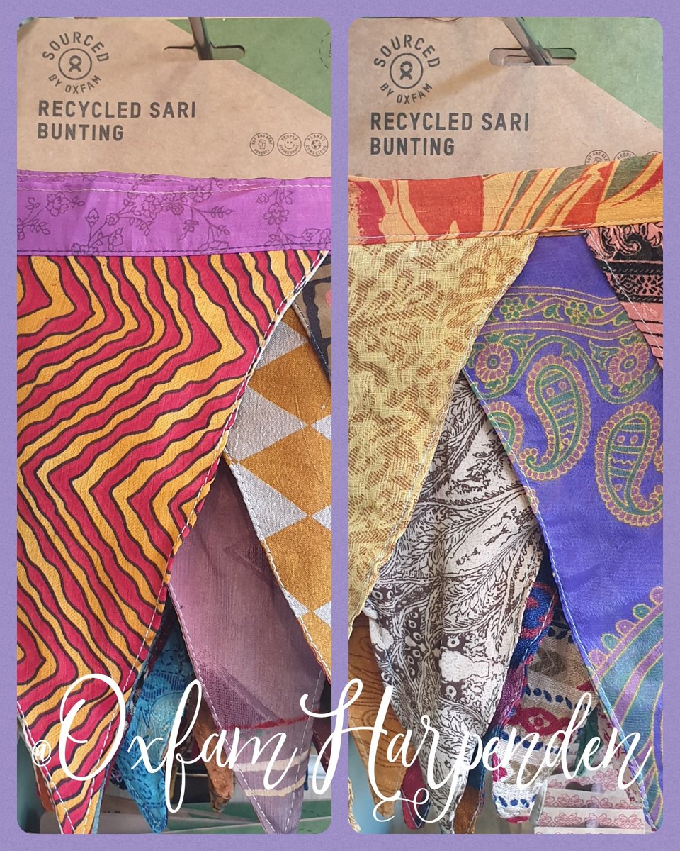 This gorgeous recycled sari bunting is perfect for decorating a wedding, party, festival or fete this summer! 🥳☀️⛺ 💒 💃🕺 🥂 Browse these & many many more items from our ethical, sustainable #SourcedByOxfam range of brand new products at #Oxfam #Harpenden at 3, Harding Parade.