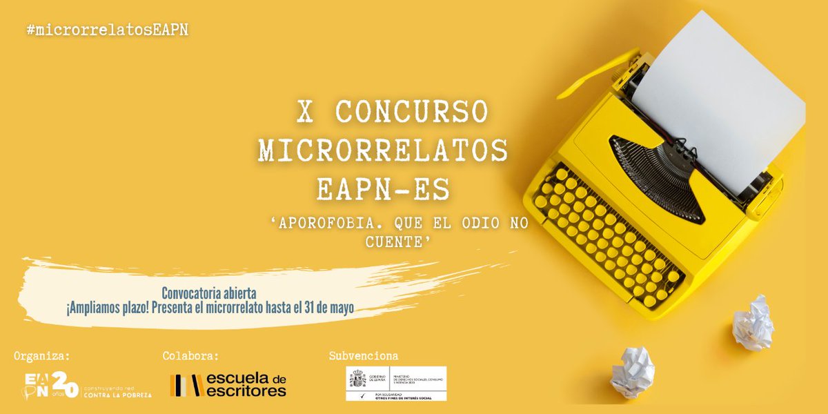 📣¡Ampliamos plazo del 𝗫 𝗖𝗼𝗻𝗰𝘂𝗿𝘀𝗼 𝗱𝗲 #𝗠𝗶𝗰𝗿𝗼𝗿𝗿𝗲𝗹𝗮𝘁𝗼𝘀𝗘𝗔𝗣𝗡 '#𝘼𝙥𝙤𝙧𝙤𝙛𝙤𝙗𝙞𝙖. 𝙌𝙪𝙚 𝙚𝙡 𝙤𝙙𝙞𝙤 𝙣𝙤 𝙘𝙪𝙚𝙣𝙩𝙚' ! ⁣ ⁣📆La fecha limite para presentar tu microrrelato acaba el📌𝟯𝟭/𝟬𝟱. ➕INFO👉participacionsocial.org/X-concurso-mic… 🙌@deescritores