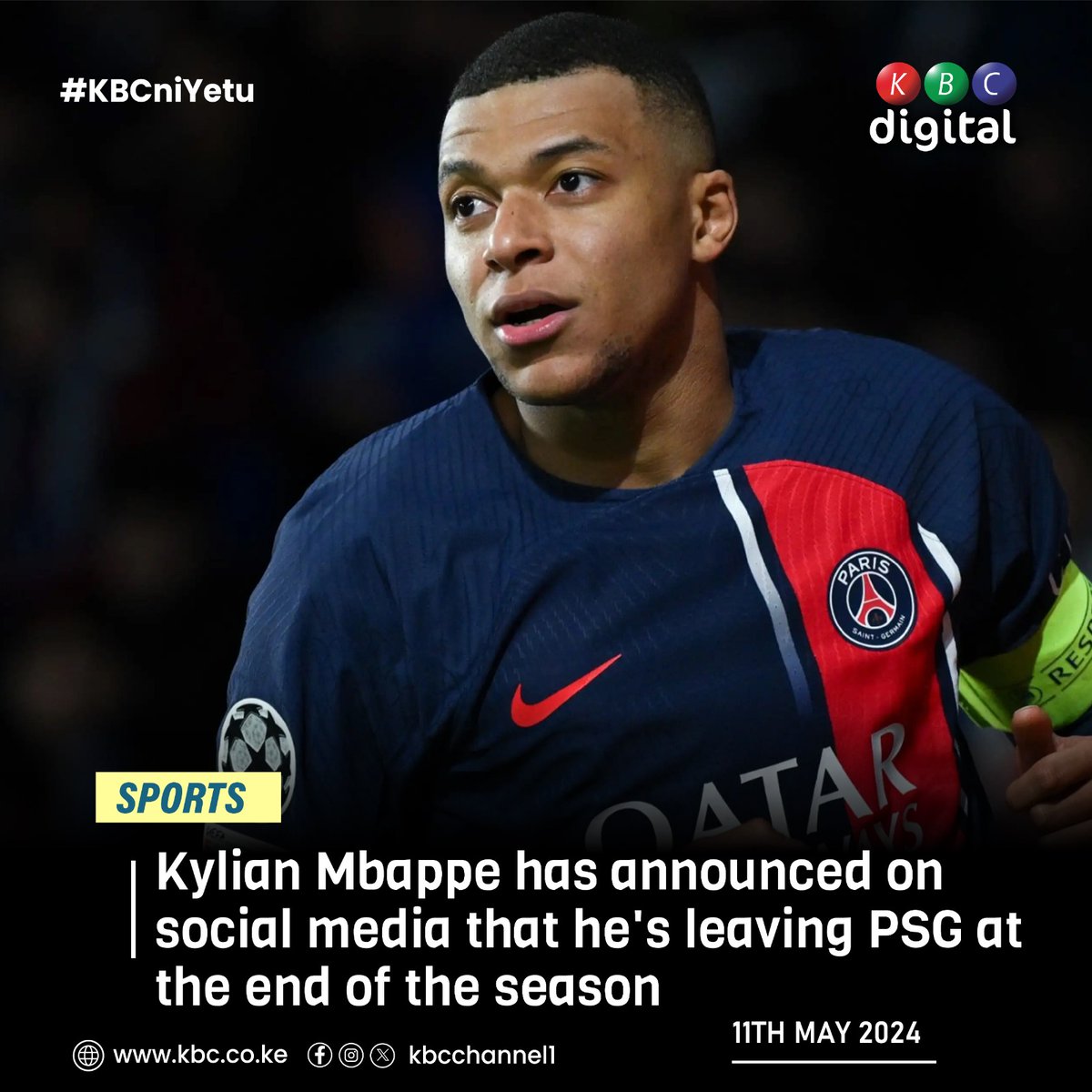 Kylian Mbappe has announced on social media that he's leaving PSG at the end of the season. #Y254News ^NK