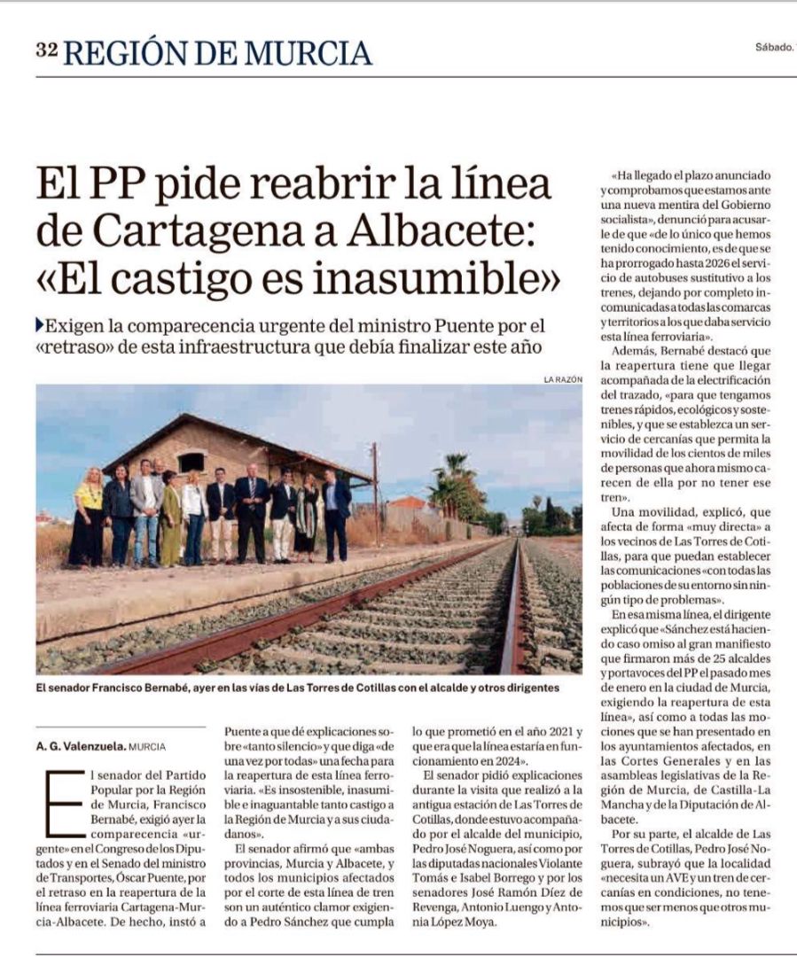 🔵 Pedimos al Gobierno de Sánchez que dé explicaciones sobre el retraso de la reapertura de la línea ferroviaria Cartagena-Murcia-Albacete 🛤 📰 La prensa regional se hace eco de nuestra iniciativa 👇👇