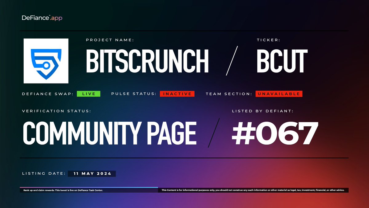 .@bitsCrunch community page is now live on DeFiance.app/project/Bitscr…. 

$BCUT is now listed on #DeFianceSwap. 

bitsCrunch is an AI-powered, decentralized NFT data platform that enables developers to build reliable NFT applications (dApps) quick and easy. 

Learn more at:…