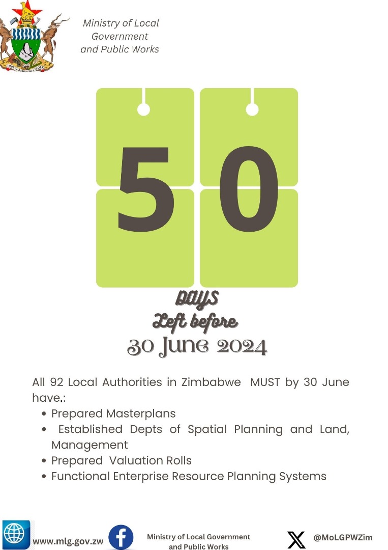 MoLGPWZim's tweet photo. Call2Action!

50 days left before 30 June 2024

#NoAppetite2ExtendDeadline
#NoCompromise2ServiceDelivery

@ChronicleZim @HeraldZimbabwe @ChronicleZim @SundayMailZim @ManicaPostZim @basera_john @UcazOfficial @ARDCZW https://t.co/9EiPkQ0UE8