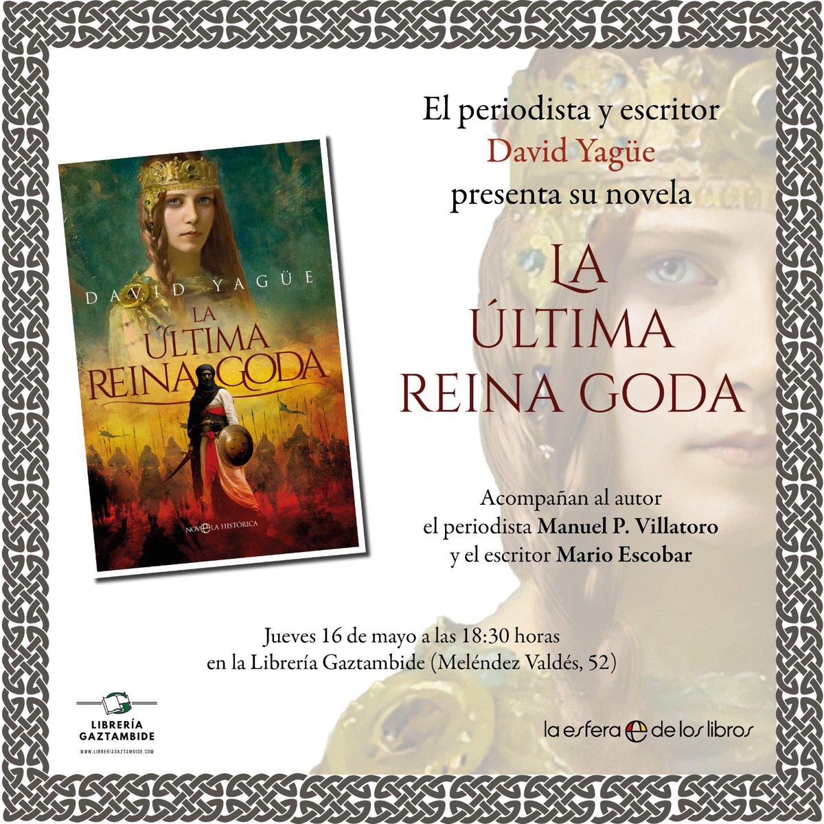 Este jueves 16 os espero para presentar mi última novela ‘La última reina goda’ me acompañarán dos grandes como @EscobarGolderos y @VillatoroManu !Nos lo pasaremos bien y contaremos cosas interesantes!