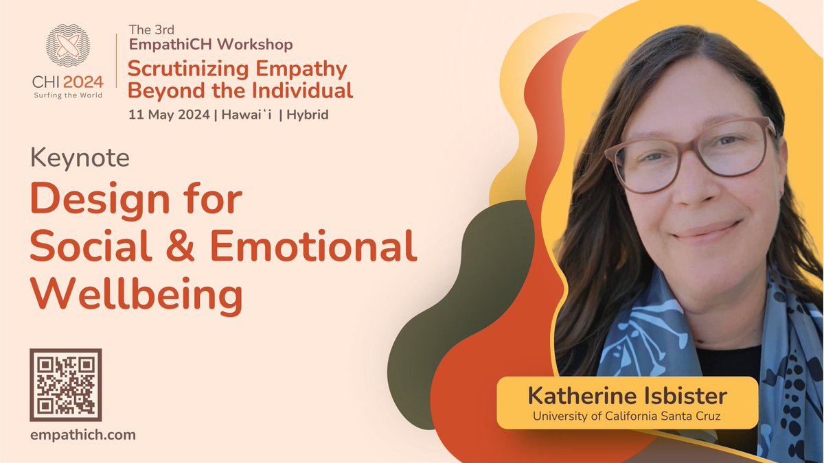 empathich24's tweet image. Excited to announce our first Keynote Speaker for EmpathiCH Workshop on
May 11, 2024, at
@acm_chi!
@kcisbister will give a keynote on "Design for Social &amp;amp; Emotional Wellbeing."