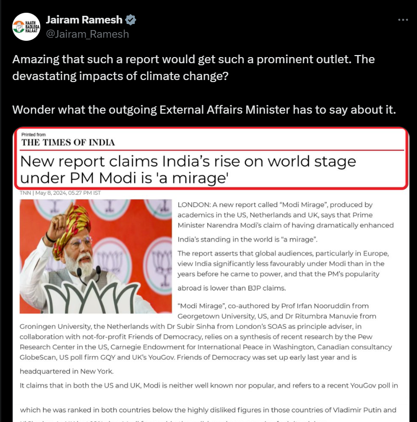 #Important 🧵 A report titled 'The Modi Mirage' has claimed that the rise of India on the world stage under PM Modi's leadership is supposedly a 'myth'. The report, prepared by anti-India activists and NGO run by George Soros' son, is being widely shared by the Congress. 1/n