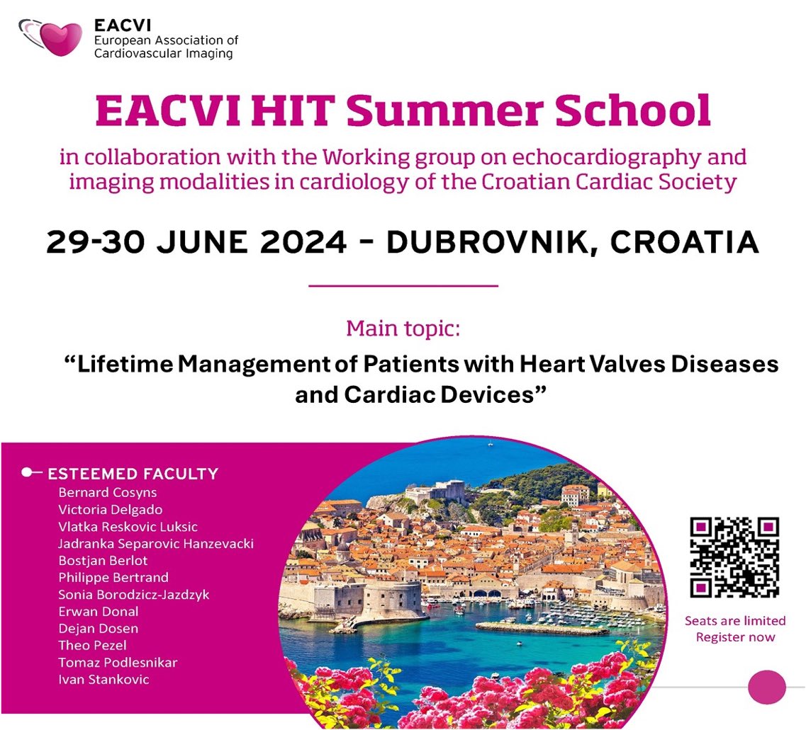 🔥Are you interested in echo/CMR/CT imaging in 🫀heart valves diseases and cardiac devices? 💫Do not miss the #EACVI HIT Summer School in Dubrovnik ☀️ Register here 👉🔗 esc365.escardio.org/event/1595 ‼️Hurry up, seats are limited @VDelgadoGarcia @Cosyns @DonalErwan @PezelT @TomazP3