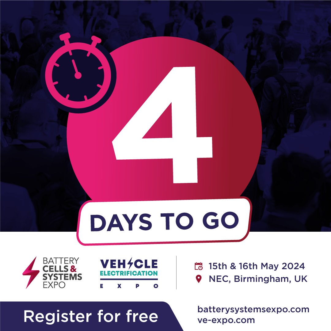 @BatteryCellExpo and @VeExpo takes place in just 4 days at NEC, Birmingham, 2024, May 15th & 16th. Register for FREE: vist.ly/wada #BCS24 #VEX24 #BatteryCells #BatterySystems #ElectricVehicles #EV #Expo #Conference #Tradeshow #NEC