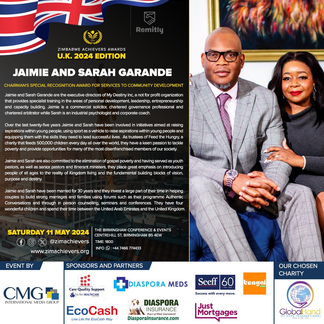 ZimAchievers Awards U.K Edition 

Thank you for your support. We look forward to celebrating with you.

The ZAA U.K 2024 Dinner Gala| 11 May 2024| Birmingham BECE HolidayInn| Birmingham| | 18:00Hrs
 
Chairman's Special Recognition Award for Services To music 
@sarahgarande