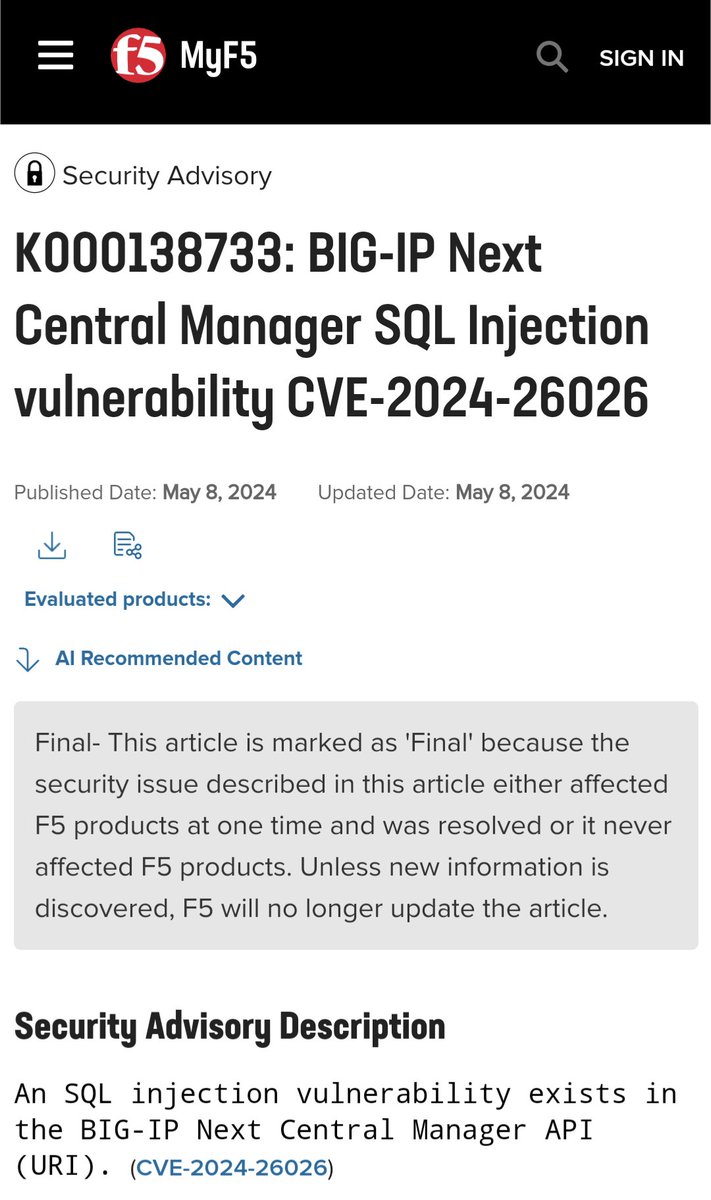 It is 2024 and here we have yet another critical SQL Injection (#SQLi) vulnerability in a commercial product by a *CyberSecurity* vendor - F5! (PaloAlto vuln was a couple of weeks ago) #OWASPTop10 my.f5.com/manage/s/artic…