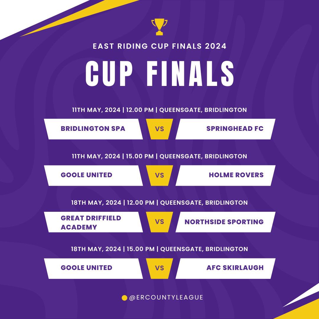 Two more @ERCountyLeague Cup Finals at Queensgate today @BridSpaFC v @fc_springhead - 12noon kick off @GooleUnitedAFC v @hrfc3 - 3pm kick off @The_Town_Bar is open for drink and refreshments throughout the day. #ERCFL