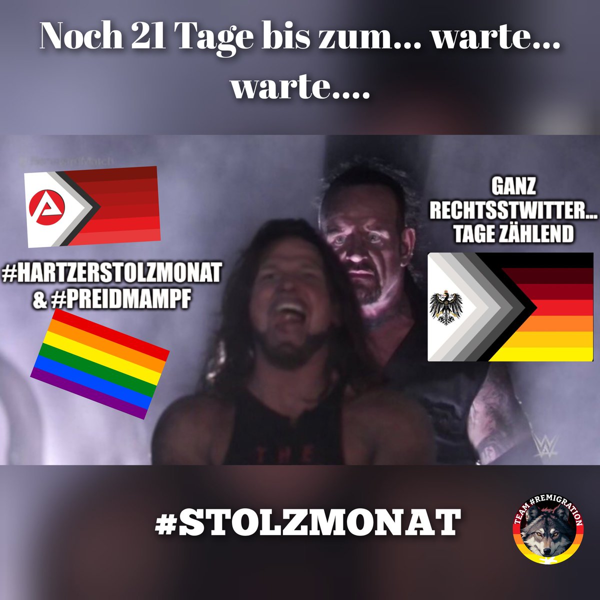 Der #Stolzcountdown ist pfostiert meine Frens.
⏬️⏬️⏬️⏬️⏬️⏬️⏬️
Noch 21 Tage bis
Zum #Stolzmonat
⏫️⏫️⏫️⏫️⏫️⏫️⏫️

Gestern aus gegeben Anlass ausgefallen, aber nun die letzten 21 Tage wird hart durchgezogen... ganz hart.
#AfDJaa
#HailHydra
#Stolz