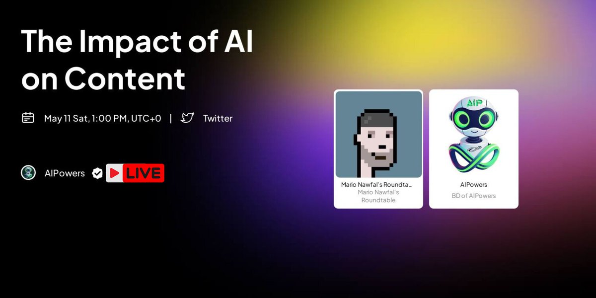 🎙️ Aipowers Will Participate in an AMA Presented by @RoundtableSpace .

⚡️Topic: The Impact of AI on Content Generation

⏲️Time: 1 PM UTC

👉Reminder link: x.com/i/spaces/1yokm…

Discussion topics 👇

🟢 The Future of AI: Experts will share their insights on the latest trends…