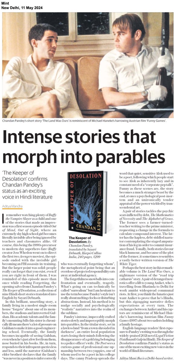 ‘Pandey’s intense, impeccably crafted stories slowly and imperceptibly morph into parables.’ @Mint_Lounge reviews #TheKeeperOfDesolation written by @chandanpandey and brilliantly translated by @pureheroinetwts