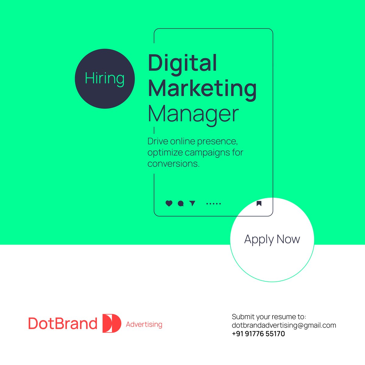 ✨ Join our team as a Digital Marketing Manager in the vibrant city of Hyderabad! 🌆

Work from office
Full -time
2 yr experience

Please share your CV or portfolio with us.

Contact: 9177655170
Email : dotbrandadvertising@gmail.com

#DigitalMarketingManager #HyderabadJobs