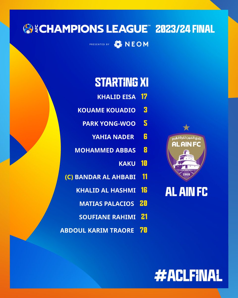📋 LINE-UPS | 🇯🇵 Yokohama F. Marinos 🆚 Al Ain 🇦🇪 𝗛𝗘𝗥𝗘. 𝗪𝗘. 𝗚𝗢! 👀 Here's a quick look at the players set to take the pitch for the #ACLFinal! 📺 Watch 𝙇𝙄𝙑𝙀 gtly.to/qs_gZzTRJ #YFMvAIN