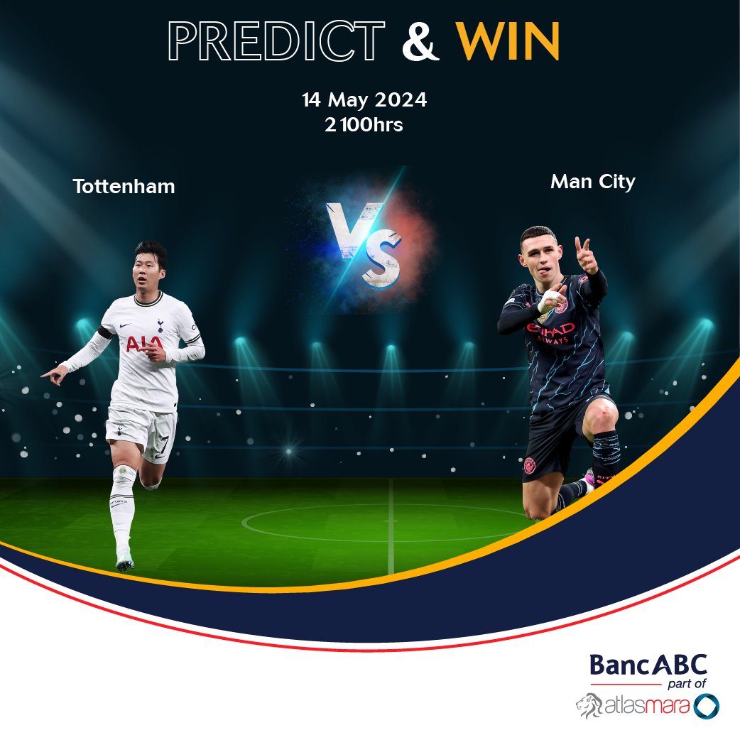 Score big! ⚽️ Predict the showdown between Tottenham & Manchester City! Follow these steps: ✅ Follow @BancabcZW ✅ Tag 4 friends ✅ Like the post Make your prediction before kick-off & win yourself an awesome prize👊🏾 *Ts & Cs apply. #ATeam😎