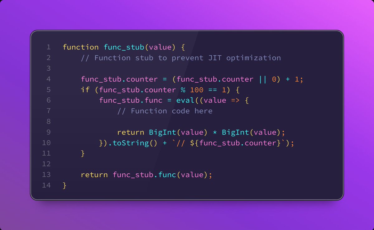 V8 JavaScript function which is specifically resistant to JIT compilation (and actually usable). Might handy... if you need that sort of thing 😈