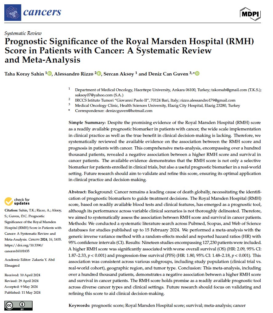 📢 I am thrilled to share our latest study just published in @Cancers_MDPI ✅Royal Marsden Hospital (RMH) score predicts cancer survival beyond clinical trials 💥Promising tool for real-world patient care A huge thank you to @DenizCanGuven1 🙏 @OncoAlert @oncodaily