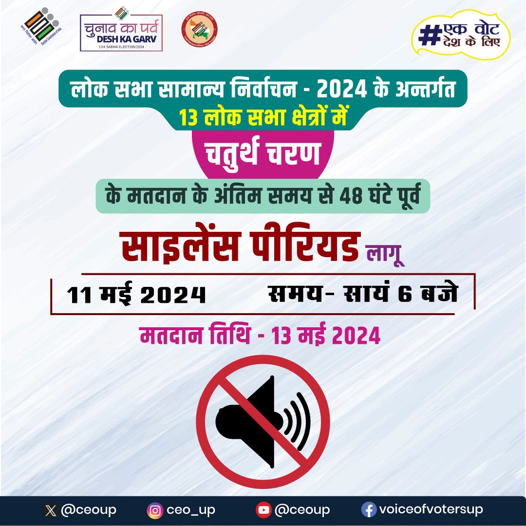ceoup's tweet image. लोक सभा सामान्य निर्वाचन-2024 के अन्तर्गत चतुर्थ चरण में मतदान समाप्ति के 48 घंटे पूर्व साइलेंस पीरियड लागू। 

#2ndPhase #ECI #Elections2024 #ChunavKaParv #DeshKaGarv #IVote4Sure #MainHoonNaa #Ek_Vote_Desh_K_Liye
@ecisveep @SpokespersonECI