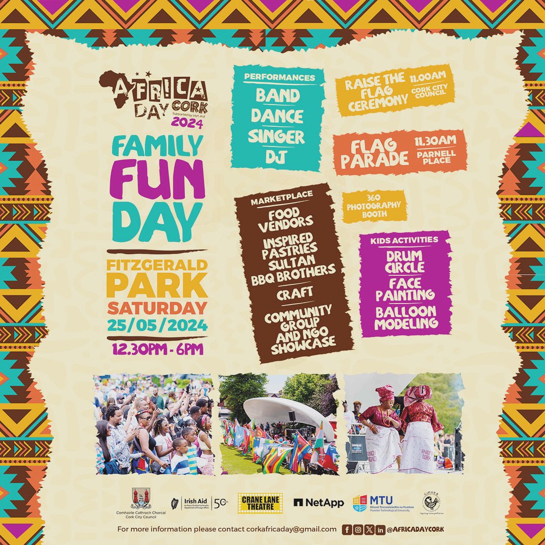 🚨 Africa Day Cork Family Fun Day is back on Saturday, May 25th! Get ready to enjoy a day of cultural festivities, delicious food, and incredible performances. See you there 
🎉🌍 #AfricaDay #familyfun #community #Corkcity