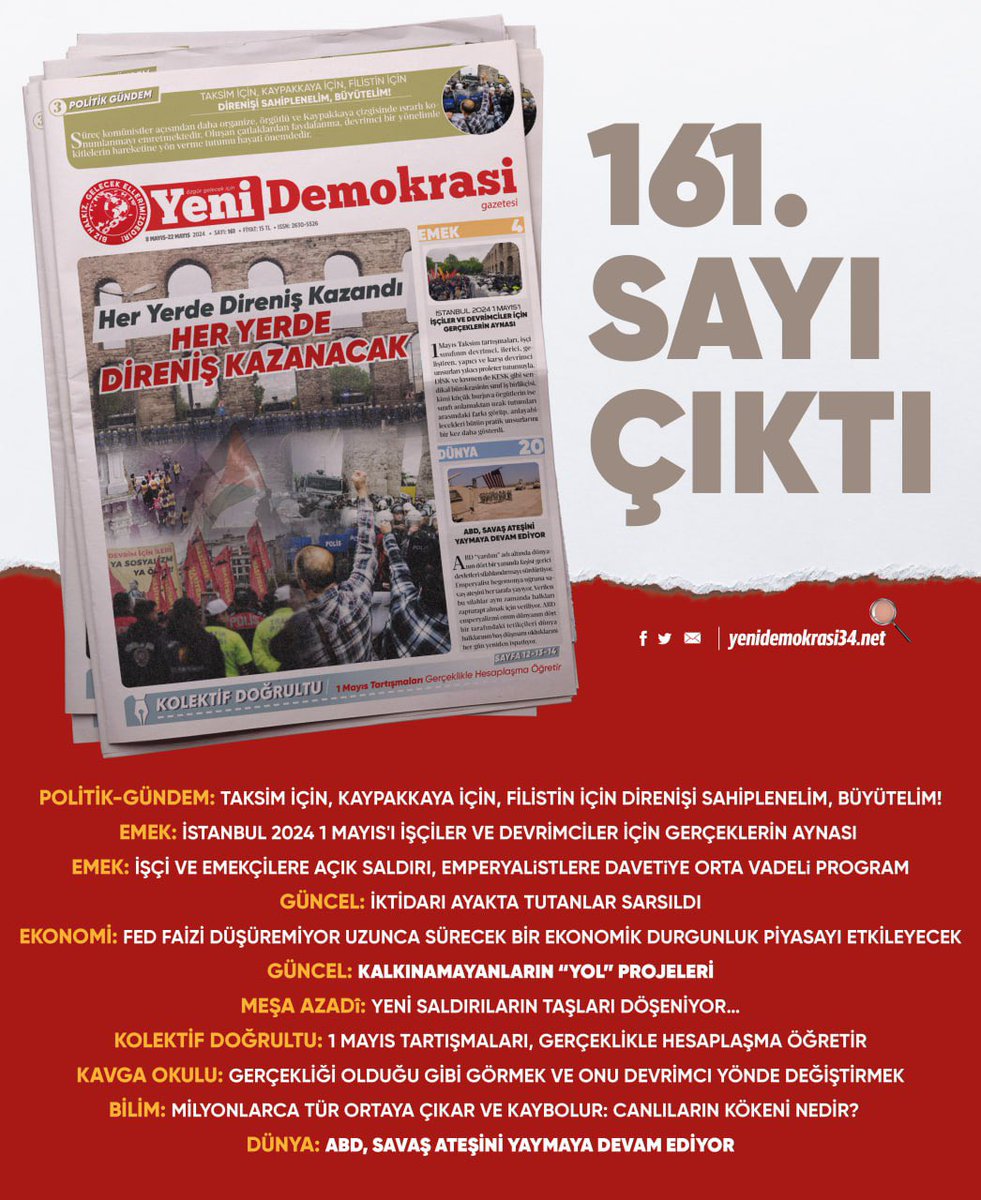 Gazetemizin 161. sayısı “Her Yerde Direniş Kazandı, Her Yerde Direniş Kazanacak” manşetiyle çıktı yenidemokrasi34.net/gazeteimizin-1…