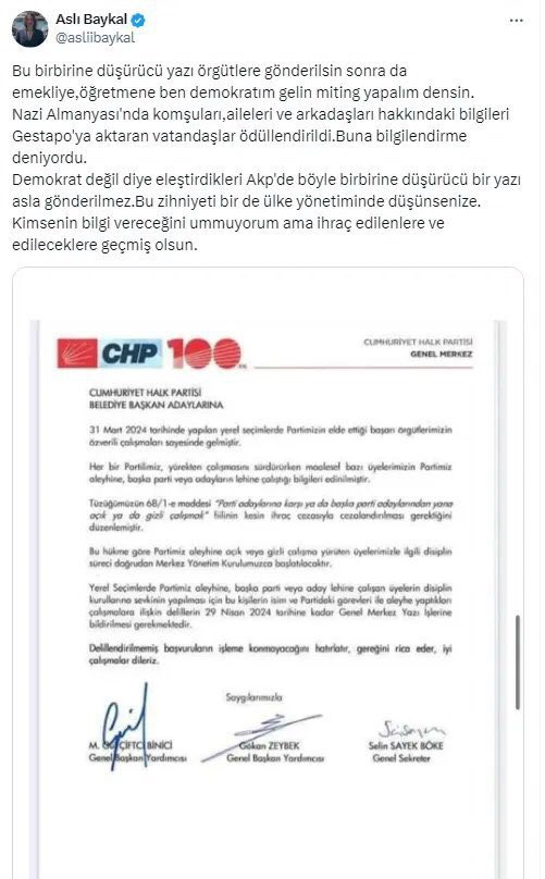 CHP eski Genel Başkanı Deniz Baykal'ın kızı Aslı Baykal'dan Yeni Değişen CHP'ye 'Nazi' benzetmesi...