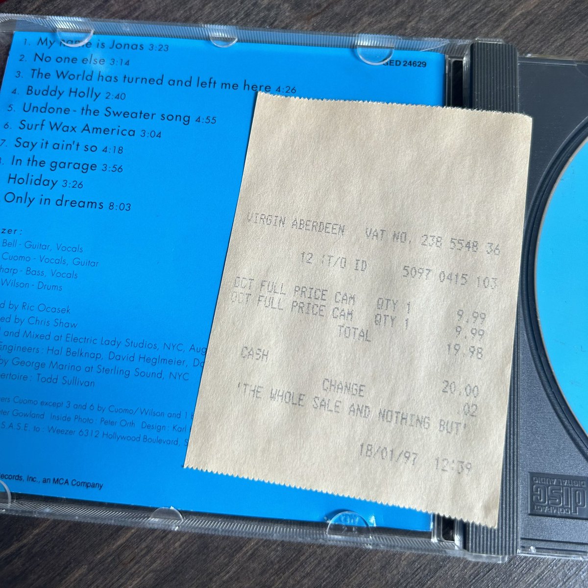 Lots of posts about @Weezer #BlueAlbum turning 30. Dug mine out and gave it a spin. Still sounds awesome Found the receipt in the box - Jan 1997? Maybe I was late to the party (or more likely teenage me had a cassette bootleg for a while 🤘)!