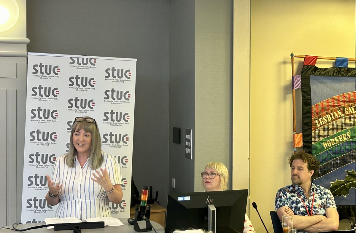 ScottishTUC's tweet photo. Solidarity greetings from STUC President Lilian Macer   “your priorities are the General Council priorities” “hugely important day to discuss and debate the agenda for LGBT+ workers in Scotland” #STUClgbt24 https://t.co/LFZv4yIBKg