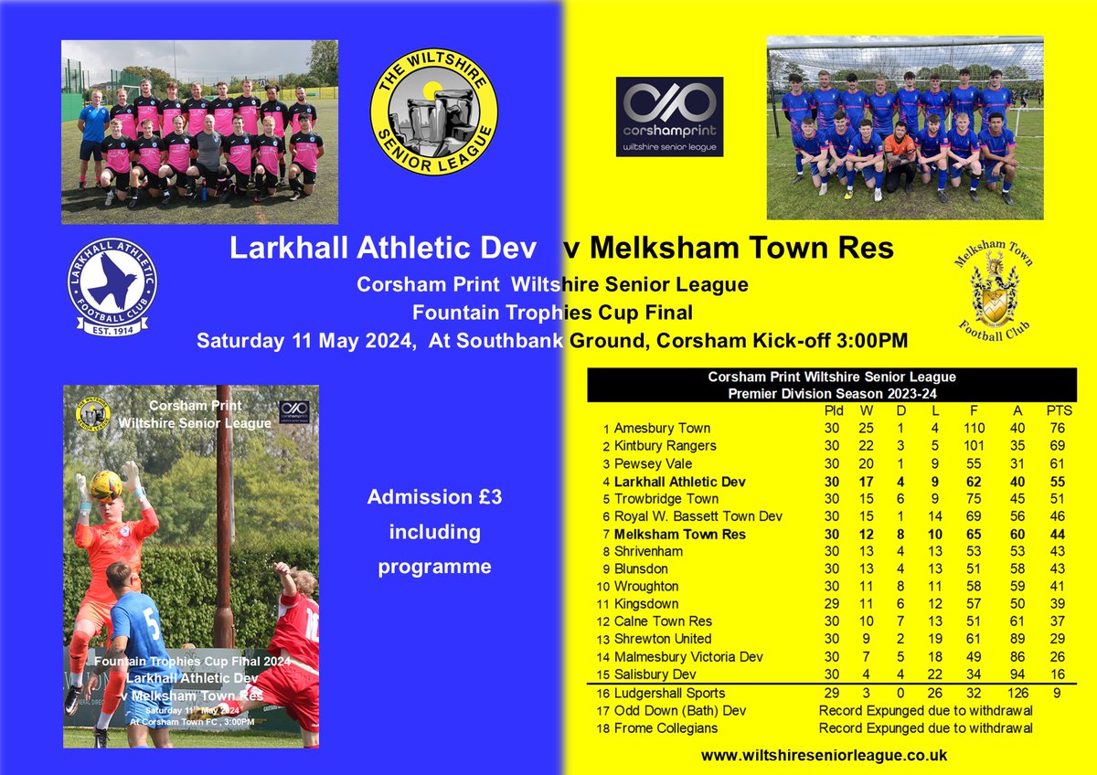 Gameday: Fountain Trophies Cup Final day as @LarkhallAthlet1 look to defend the cup they won last season as a Div 1 side. Today's opponents are @MELKSHAMTOWNFC Res who Larkhall are yet to beat this season. Preview of today's final on League Website. wiltshireseniorleague.co.uk/24-05-10premdi…