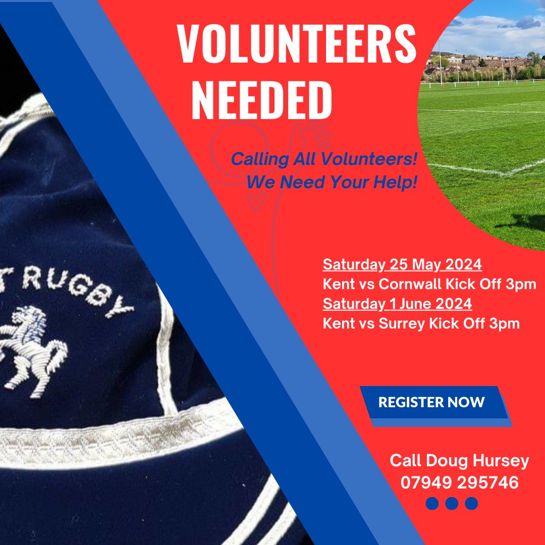 Volunteers needed for the Kent v Cornwall match being hosted by Charlton Park RFC on Saturday 25 May 2024. Details on the club website and in the photo 👇
