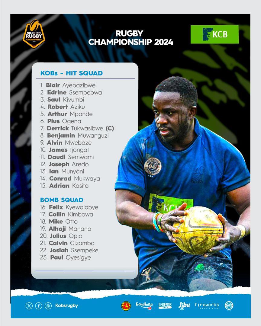 SQUAD UPDATES: 🏉🏉 The #BlueArmy Is Set. ⏭️@piusogena, @IanMunyani and @adriankasito start at 6, 13 and 15 respectively! 🔋@Daudi_Semwami and @edrinesempebwa join the charge. ⏰4pm 🏟️@LegendsKla #KCBKOBs #NileSpecialRugby #GutsGritGold #RaiseYourGame