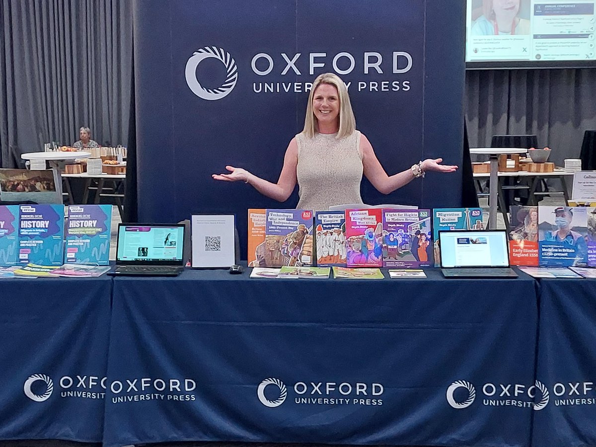 I spy at @histassoc conf... 👋 Events mastermind @ElleOUPEvents 👌 Perfectly boxed tablecloths 📚 BOOKS! #OxfordRevise revision guides for AQA & Edexcel, #KS3History Depth Studies, #GCSEHistory textbooks for AQA & Edexcel 🆓 Stickers & posters! Come and get yours! #HAConf24