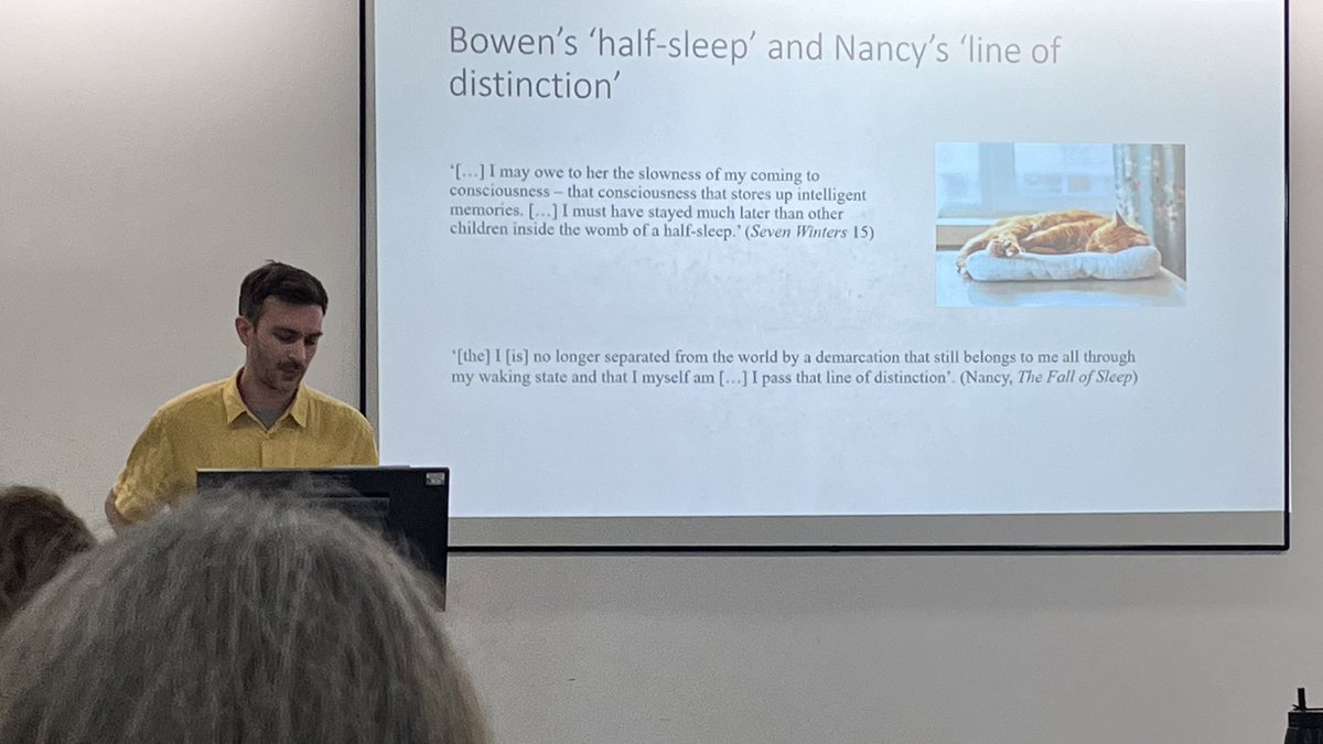 Locating Objects as Motifs and Symbols panel now underway @bowensociety conference @uniofbeds. Aaron Scott Pugh @UniKent considers sleep and symbol scenes in #ElizabethBowen’s fictions. Extra points for cat pics. #EnglishCreates