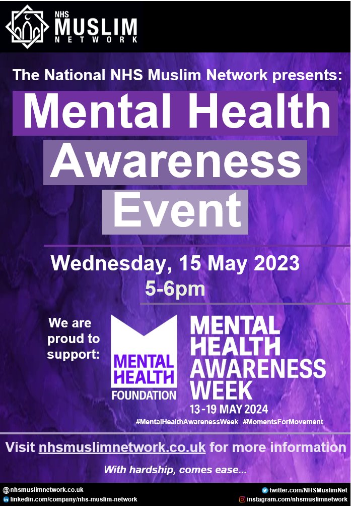 National NHS Muslim Network (@nhsmuslimnet) on Twitter photo To support #MentalHealthAwarenessWeek (13-19 May), we invite you to attend our Mental Health Awareness Event.
The theme is #MomentsForMovement.
๐๏ธ15 May 24
๐5-6pm
๐ปMS Teams
See below for more info:
nhsmuslimnetwork.co.uk/mental-health-โฆ
<a href="/Shohail_Shaikh_/">Shohail Shaikh</a> <a href="/HalimaDagia/">Halima Dagia</a> <a href="/riyaz_patel1/">Riyaz Patel</a> To support #MentalHealthAwarenessWeek (13-19 May), we invite you to attend our Mental Health Awareness Event.
The theme is #MomentsForMovement.
๐๏ธ15 May 24
๐5-6pm
๐ปMS Teams
See below for more info:
nhsmuslimnetwork.co.uk/mental-health-โฆ
<a href="/Shohail_Shaikh_/">Shohail Shaikh</a> <a href="/HalimaDagia/">Halima Dagia</a> <a href="/riyaz_patel1/">Riyaz Patel</a>