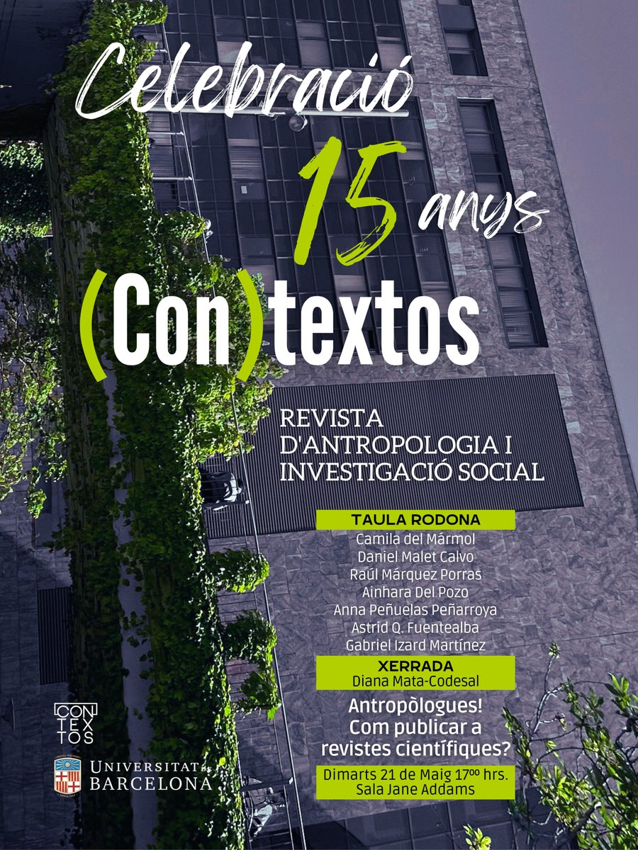 🟩 Save the date!

Celebrem els 15 anys de la Revista <a href="/contextos_ub/">(Con)textos: revista d'antropologia i investigació</a> amb una taula rodona amb membres fundadors i de l'equip actual, a més d'una xerrada de Diana Mata-Codesal (@arrobilleta):

Antropòlogues! Com publicar a revistes científiques?

21 de maig
17.00 | Sala Jane Addams