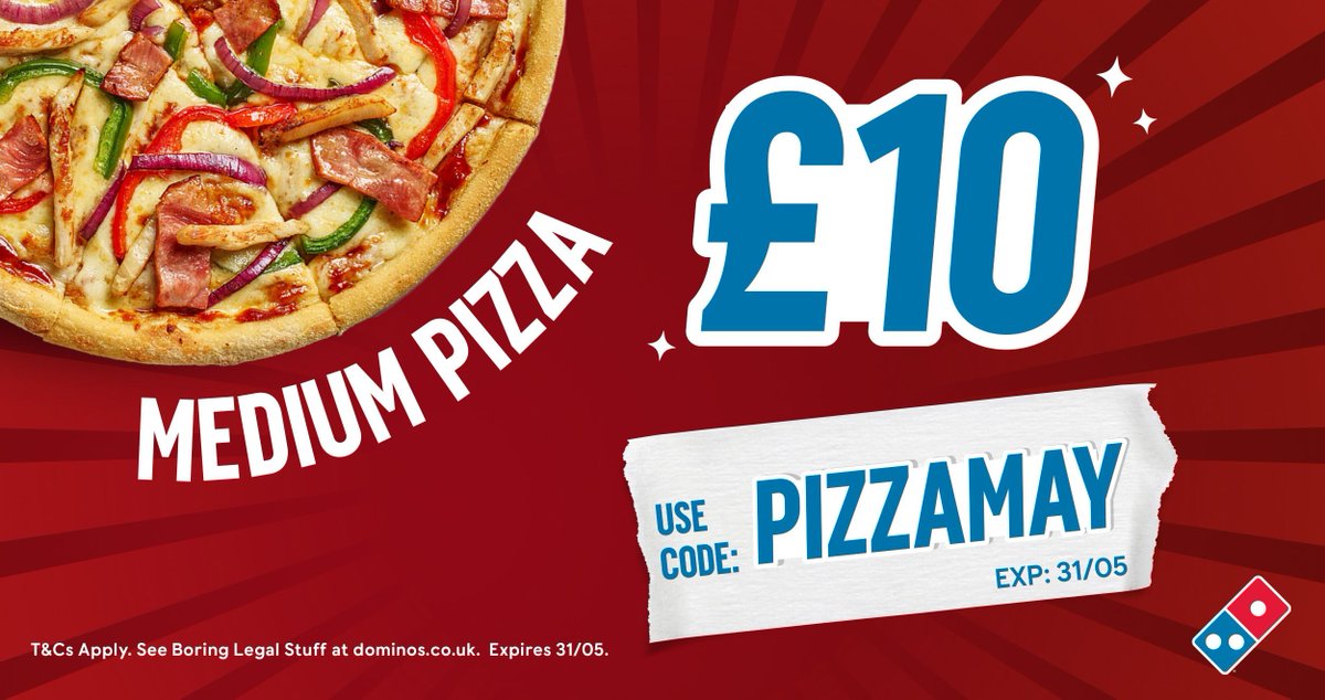 Treat yo’self! 🍕🍕 Use code: PIZZAMAY to grab any medium pizza for just £10. Order the Domino’s app or online tonight ⬇️ buff.ly/2HcrIHH T&Cs apply. Offer expires 31/05/24.