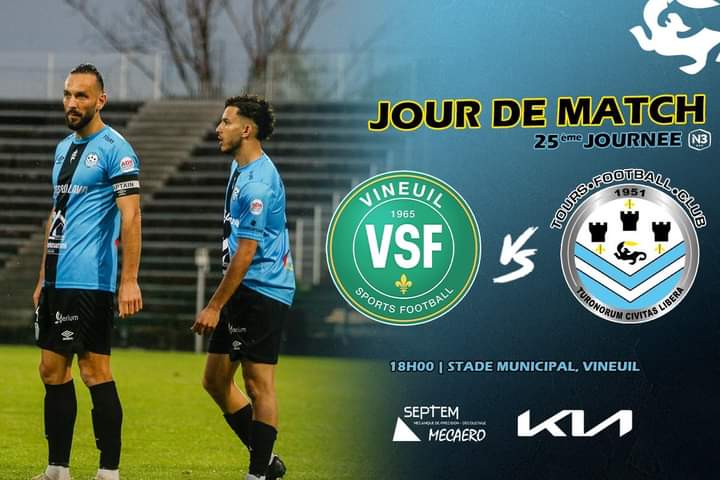 ✅ 𝗝𝗢𝗨𝗥 𝗗𝗘 𝗠𝗔𝗧𝗖𝗛 !

⚽️ 25ème journée de #National3
🆚 Vineuil Sports Football
🕒 18H00
🏟️ Stade Municipal, Vineuil 
🖥️ Match retransmis en direct sur la chaîne YouTube du ToursFC : youtube.com/@toursfcoffici…

#VSFTOURS | #ToursFC | #TousCielEtNoir 🔵⚫️