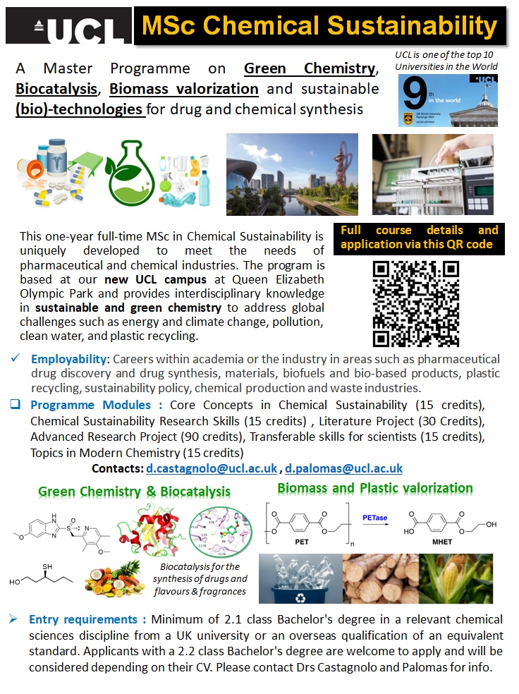 Still few weeks to apply for our MSc Programme in Chemical Sustainability at @UCL @UCLChemistry ! Apply and join us to improve your skills and knowledge in #GreenChemistry and #SustainableChemistry, #Biocatalysis, #BiomassValorization and #Biotechnologies! ucl.ac.uk/prospective-st…