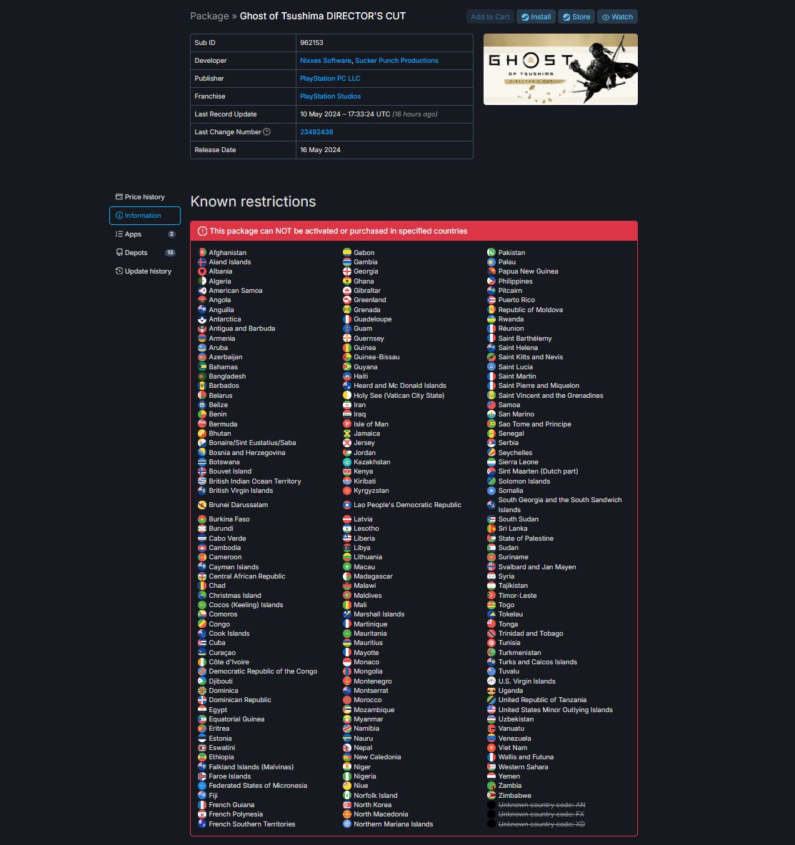 Ghost of Tsushima'nın PC sürümü birçok ülkede satıştan kaldırıldı.

Helldivers 2'de olduğu gibi PSN hesabı açamadığınız ülkeler için Steam'de satıştan kaldırıldı.