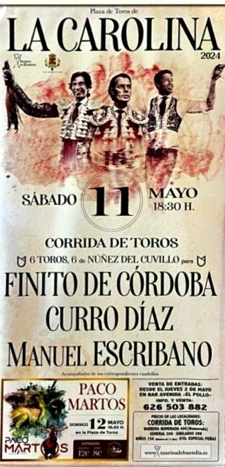 La Carolina (Jaén) hoy Feria de Mayo con Toros de Núñez del Cuvillo para @JSFino de Córdoba, @CurroDiazOf y Manuel @InfoMESCRIBANO @portaltaurino