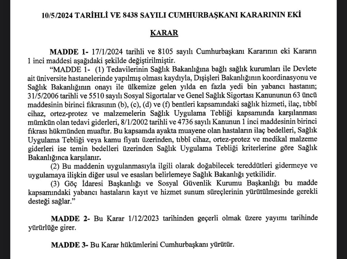 Biz bunu hak ettik mi ne? Yabancı uyruklu ayakta tedavi olan hastaların sağlık hizmeti, ilaç, tıbbi cihaz, ortez-protez ve diğer malzemelerin giderleri Sağlık Bakanlığı’nca ödenecek. — Resmi Gazete