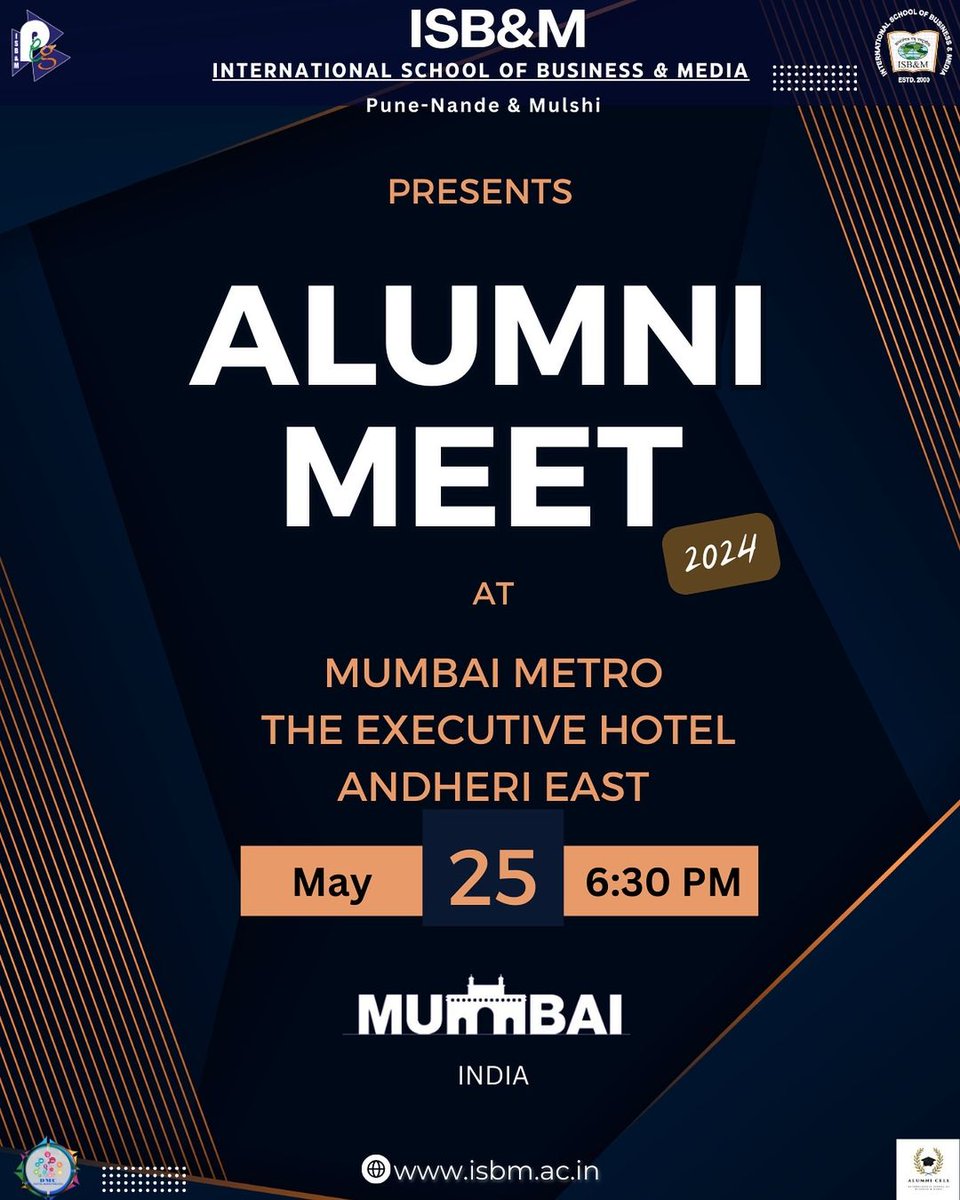 Exciting news! Our Alumni Meet 2024 venue is revealed: Mumbai Metro - The Executive Hotel, Andheri East. Mark your calendars and join us for an unforgettable reunion. Follow our college Twitter account for updates! #ISBMAlumni #ISBMReunion #ISBMMumbai #AlumniMeet #AlumniReunion