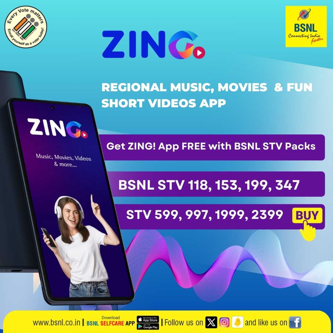 Dive into the vibrant world of regional music, movies, and fun videos on the #ZING app. Exclusive with select #BSNL recharge vouchers!

Download #BSNLSelfcareApp
Google Play: bit.ly/3H28Poa
App Store: apple.co/3oya6xa
#RechargeNow #DownloadNow